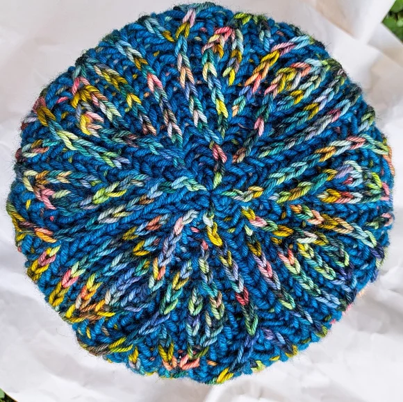 Knit Hat Warm Hand Dyed Soft Wool Green Multicolor Striped Brioche Stocking Cap - Picture 3 of 13